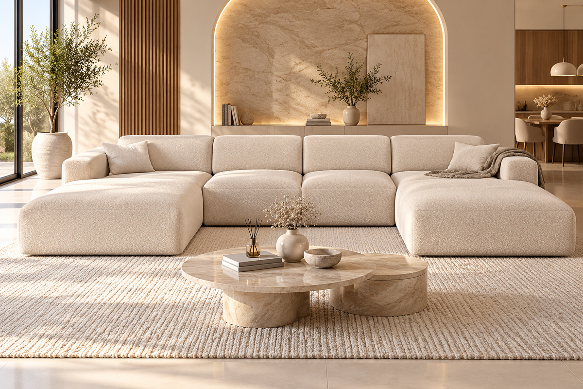 Canapé panoramique L'Île-de-France en tissu bouclé beige crème